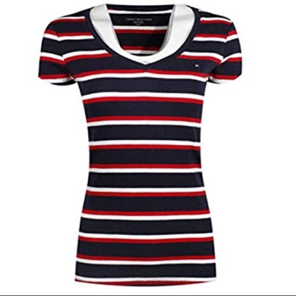 Tommy Hilfiger Womens V-Neck Solid Color Logo T-Shirt X-Small